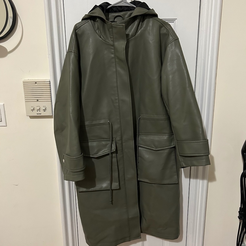 ASOS Faux Leather Oversized Hooded Parka w/ Quilted Lining - Muted Green, Size 2